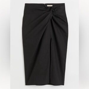 Knot Detail Linen Blend Black Midi Skirt with Slit H&M Size 8